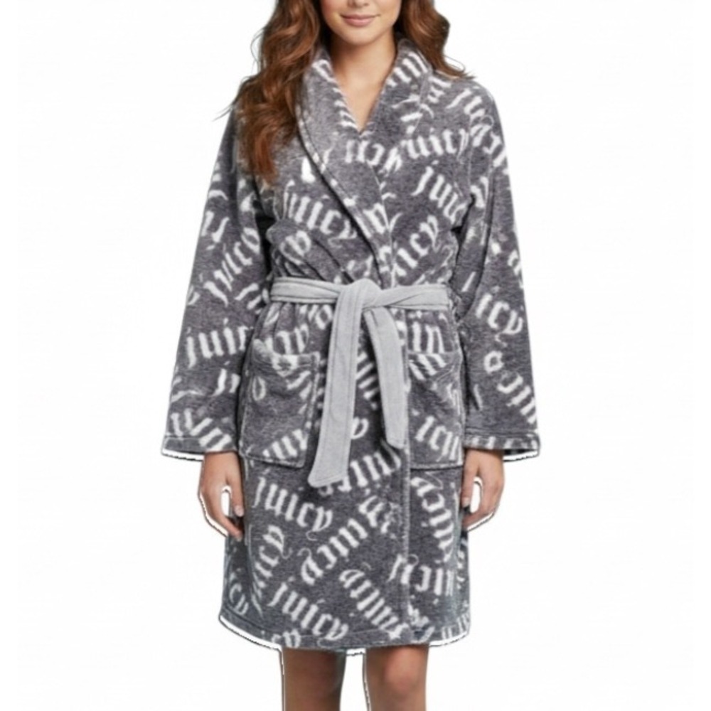 JUICY COUTURE Soft PLUSH FLEECE Gray LOGO PRINT Pockets/Tie Belt LOUNGE Robe S/M